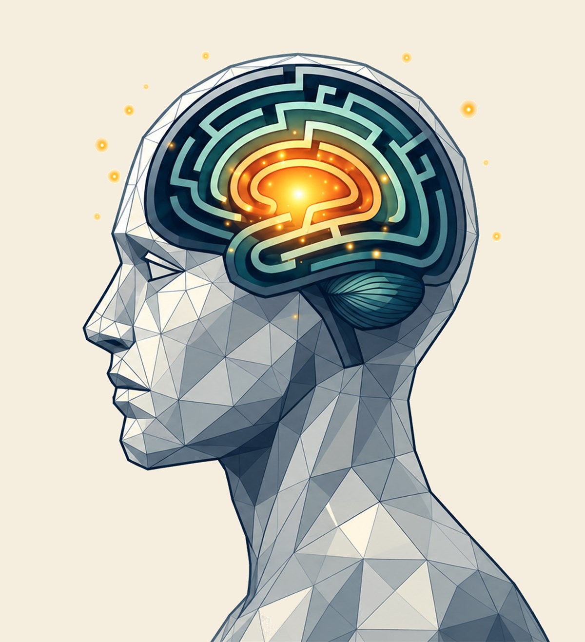 A geometric human profile with an illuminated maze where the brain would be